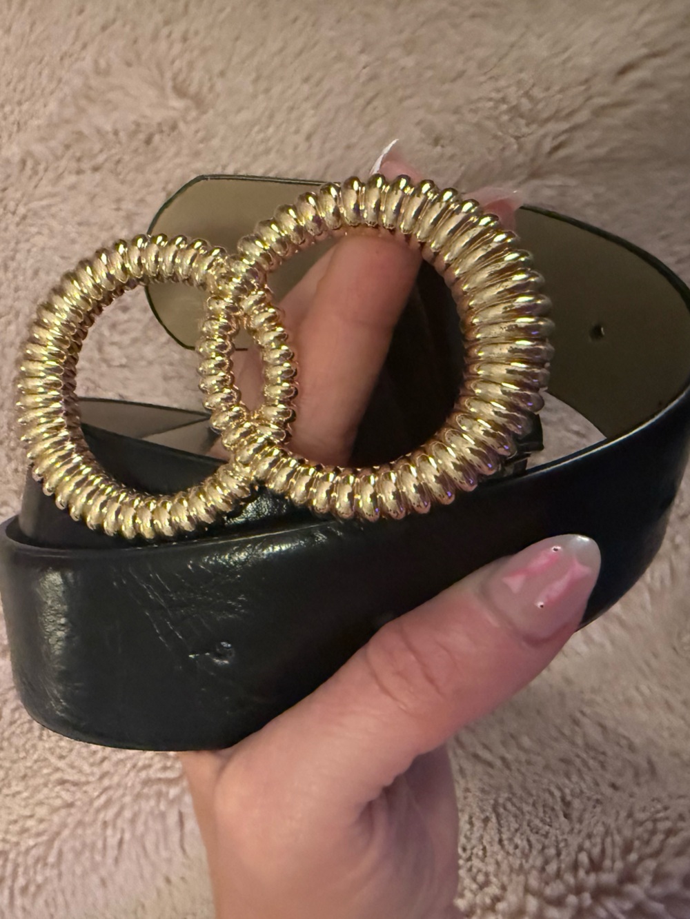 Vince Camuto Black Textured Belt with Gold Coiled Double-Ring Buckle